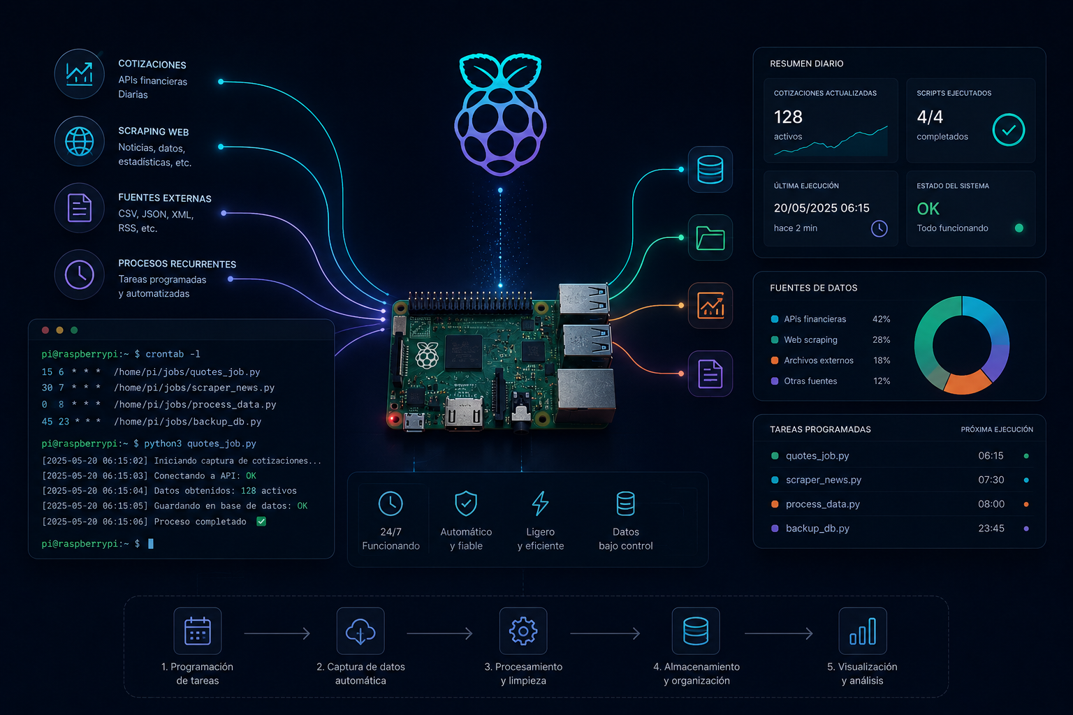 Panel visual de automatizaciones con Raspberry Pi para jobs, scraping y datos financieros