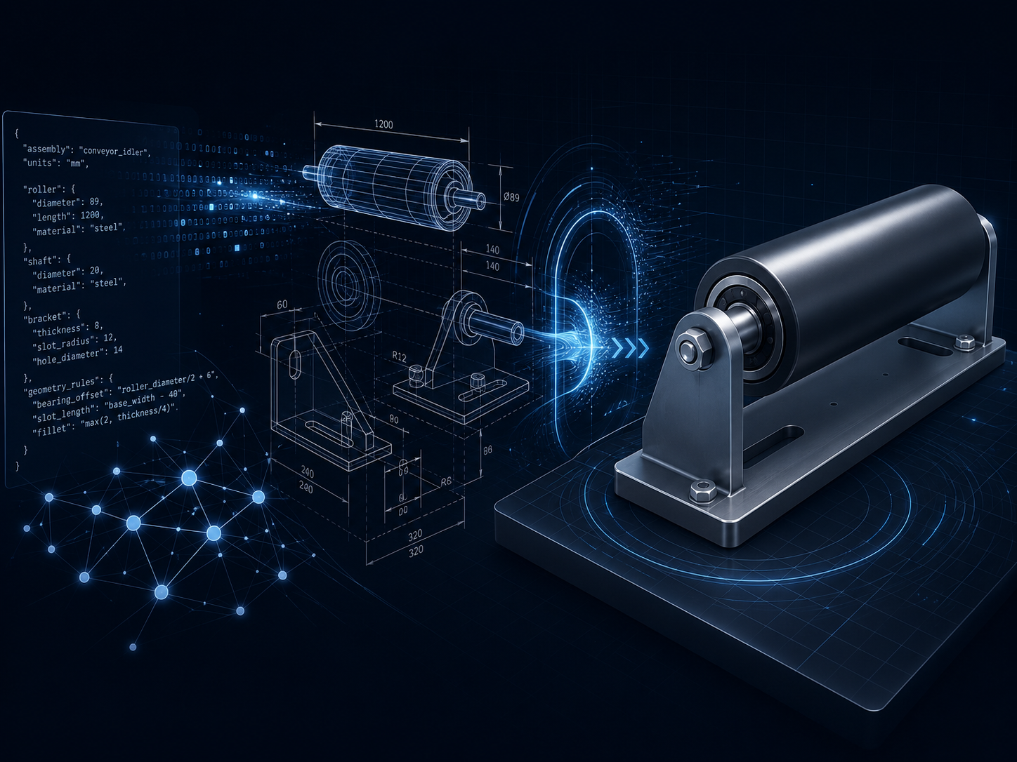 Modelo CAD de un rodillo mecánico generado desde especificaciones estructuradas