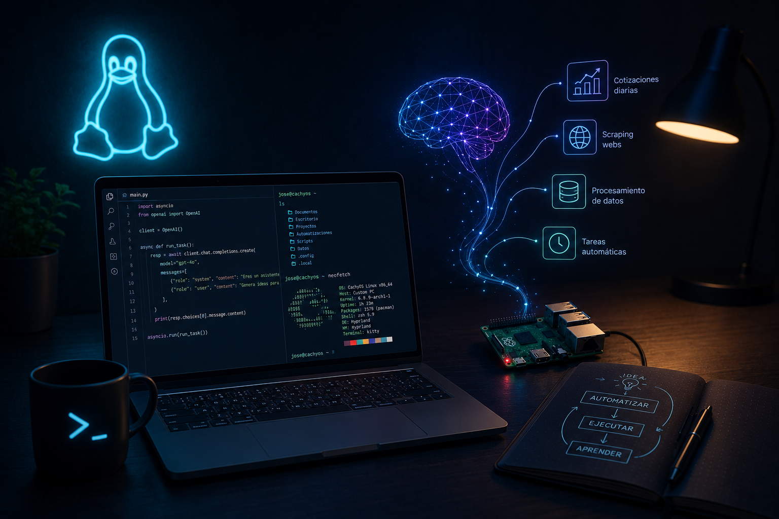 Entorno de automatización con IA y Linux con portátil, Raspberry Pi y flujos asistidos